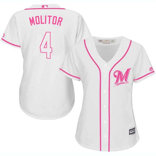Brewers #4 Paul Molitor White/Pink Fashion Women's Stitched MLB Jersey